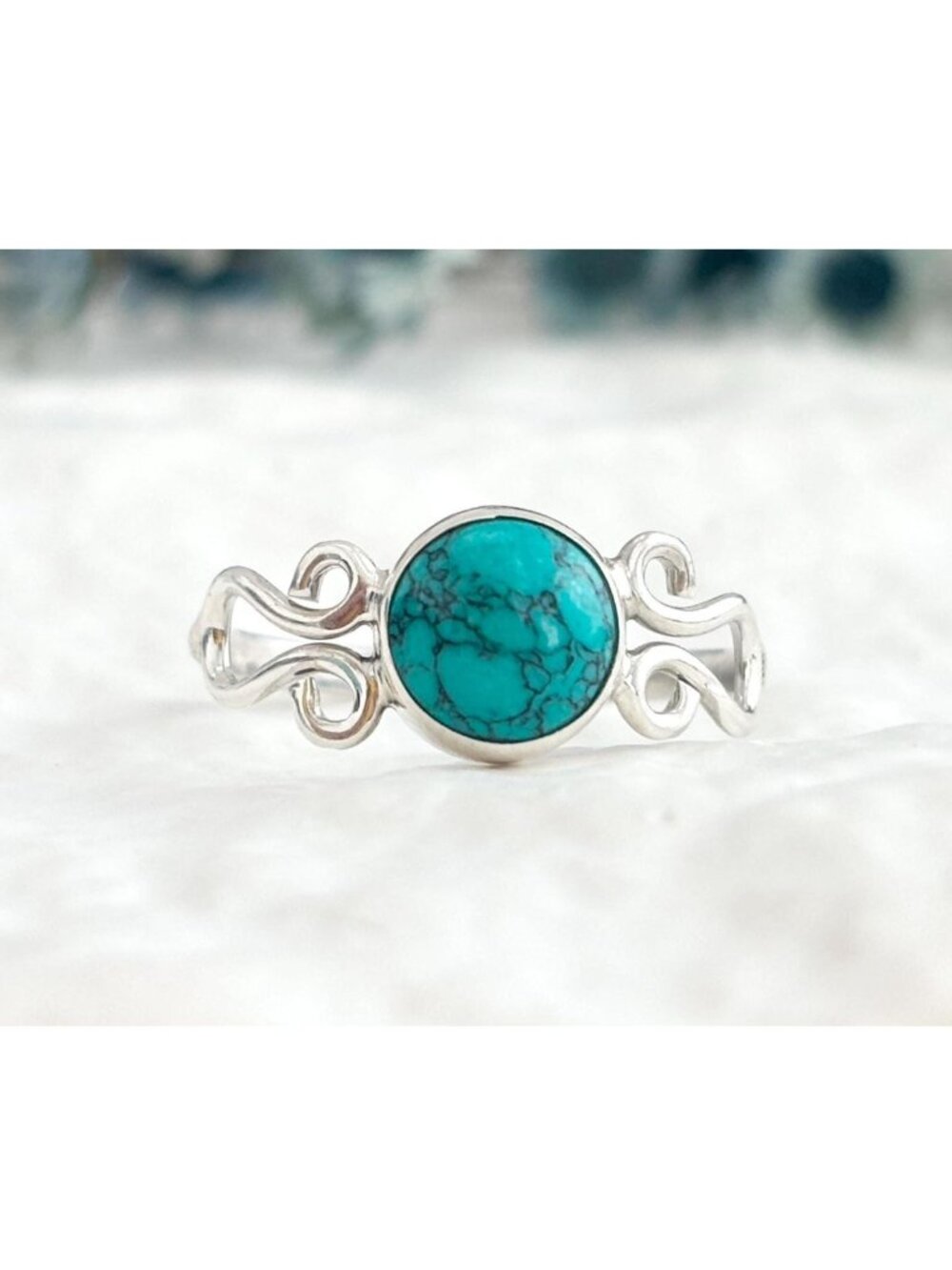 Turquoise Stone Scrollwork Band Sterling Silver 925 Vintage Ring - sz 6